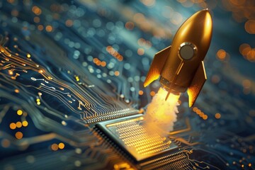Golden rocket taking off from a dark blue circuit board, technology and startup concept.