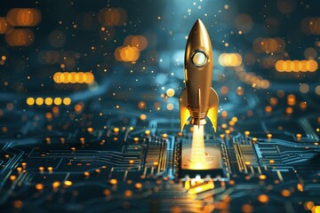Golden rocket taking off from a dark blue circuit board, technology and startup concept. - obrazy, fototapety, plakaty