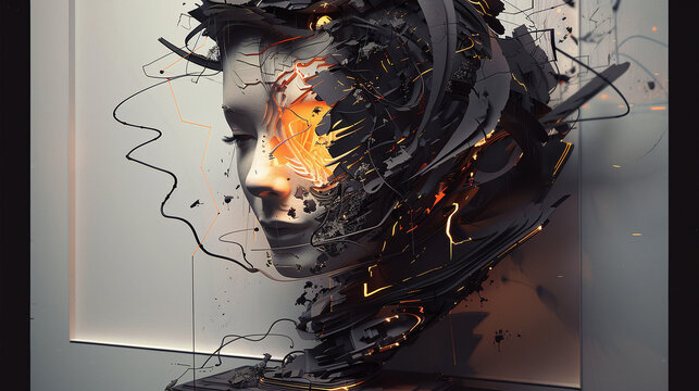 surreal bust of a woman imploding and glitching with fire