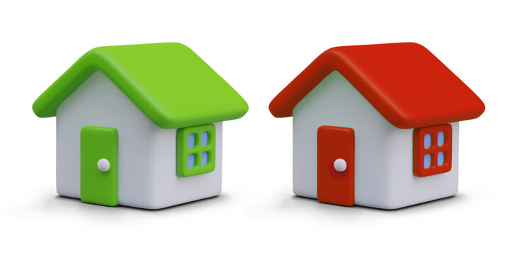 Set of houses with green and red roof. Vector buildings with different types of heating