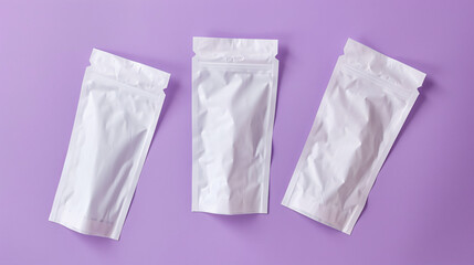 Four white paper sachets isolated on a purple background.