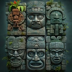 Stone Steles Depicting Ancient Gods. Illustration On The Theme Of Civilizations And Computer Games, History And Archaeology. Generative AI
