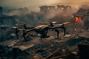 Drone flying over the demolished city