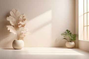 "Sunlit Serenity: Elegant White Vase with Feathers Stands Among Greenery in Contemporary Minimalist Interior, Bringing Tranquil Atmosphere with Natural Lighting and Stylish Botanical Décor in Bright, 
