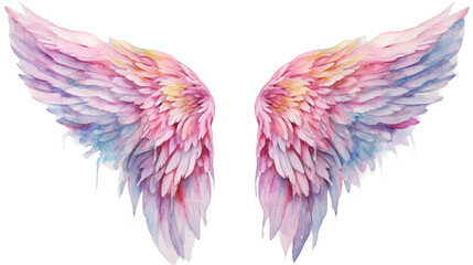 Fototapeta na wymiar Ethereal watercolor wings in pastel hues, blending pinks, purples, and blues on a white backdrop, ideal for creative or mystical themes, transparent background