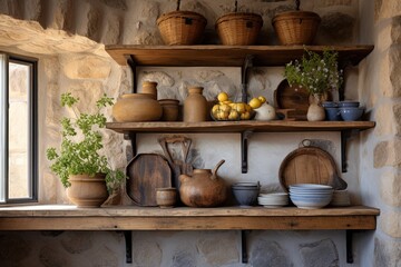 Fototapeta na wymiar Rustic Mediterranean Kitchen Ideas: Dutch Ovens & Twig Decor Floating Shelves