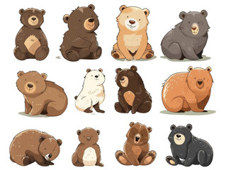Naklejka premium Set of various cute cartoon bears in different poses, suitable for children's books, educational materials, and character design. transparent background