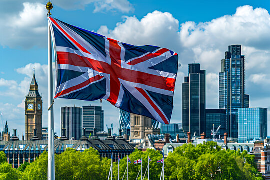 UK flag waving due to wind. London city in the background. London is the capital city of UK. Beautiful scene. Country flags concept. City skyline.
