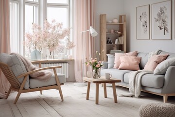 Bright Pastel Living Room in Rustic Scandinavian Homes with Light Curtains