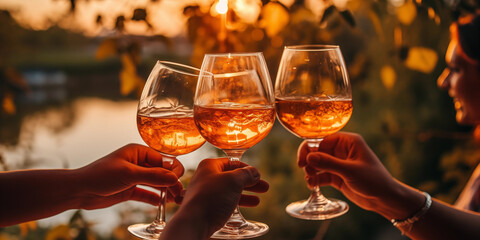 Atmospheric photo of a summer evening friends toasting wine glasses - obrazy, fototapety, plakaty