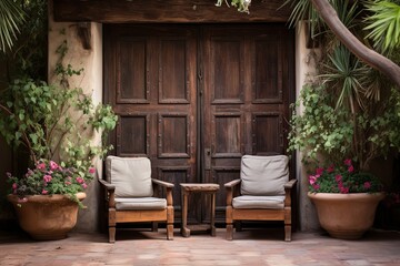 Fototapeta na wymiar Rustic Wooden Doors in Spanish Courtyard: Intimate Seating Oasis