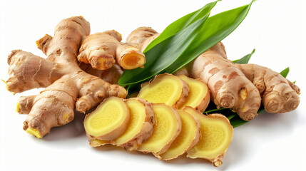 Fresh ginger root sliced with leaves to prevent Covid