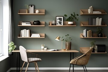 Scandinavian Study Room Ideas: Muted Green Walls and Floating Bookshelves Design