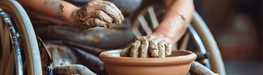 Wheelchair accessible pottery studio hands and clay artistic expression