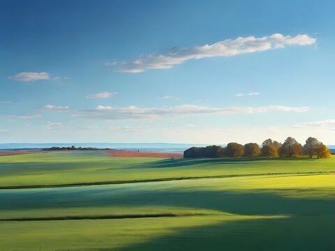 A picture of a picturesque landscape featuring wide green fields with colorful trees dotting the horizon and a clear sky with gradient shades of blue.
