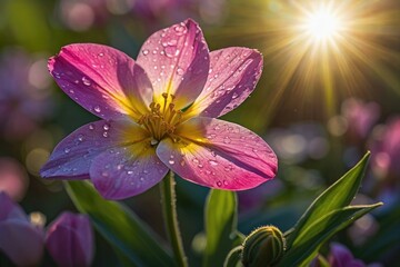 a pink flower with water droplets on it, bursting with holy light, summer morning dew, summer morning light, surrounded flower, radiant morning light. 