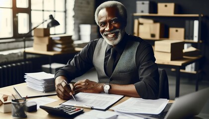 Portrait of an old  businessman working with documents and an invoice while seated at a desk in the office and grinning at the camera - obrazy, fototapety, plakaty