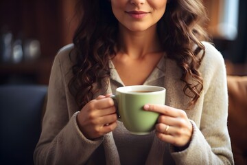 "Beautiful Caucasian Woman Enjoying Morning Coffee: Smiling Curly Haired Female Holding Green Cup, Portrait of Attractive Young Adult Enjoying Trendy Lifestyle with Organic Beverage, Refreshment and R