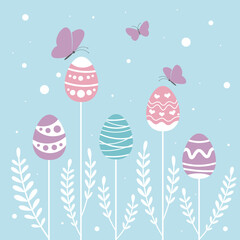 Happy Easter banner, poster, greeting card. Trendy Easter design with typography, flowers, eggs in pastel colors. Modern minimalist style
