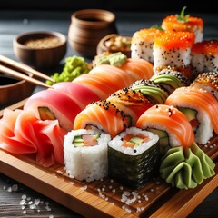  Tasty appetizing sushi rolls set on wooden board