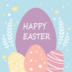 Easter background with colorful eggs with text Happy Easter. Illustration
