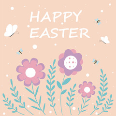 Happy Easter banner, poster, greeting card. Trendy Easter design with flowers and text Happy Easter in pastel colors. Modern minimalist style