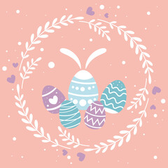 Happy Easter banner, poster, greeting card. Trendy Easter design with typography, bunny, flowers, eggs, bunny ears, in pastel colors. Modern minimalist style
