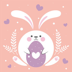 Happy easter. Greeting card or poster with bunny and Easter egg. Egg hunt poster template. Spring background. vector illustration