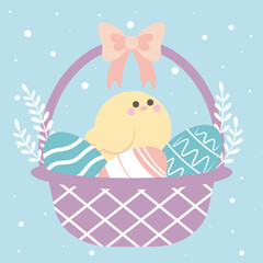 Happy easter. Greeting card or poster with chicken and Easter eggs in a basket. Egg hunt poster template. Spring background. vector illustration