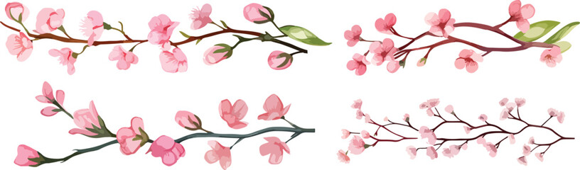 Horizontal branch of cherry blossoms collection set. Vector illustration pink Sakura flower on white background