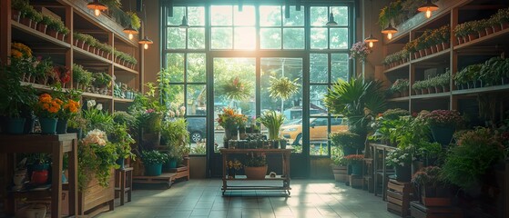 Flower Shop With Large Windows Overlooking The City Street. Generative AI - obrazy, fototapety, plakaty