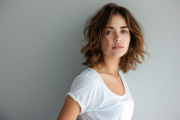 Obraz premium Young beautiful brunette woman model in white T-shirt posing on light grey background