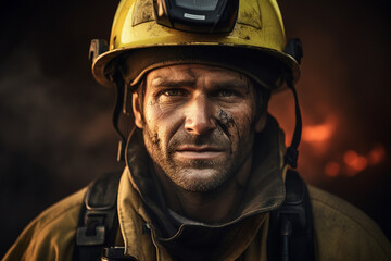 AI generated photo of a professional firefighter man against burning buildings background