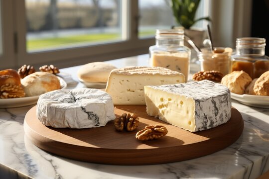 Delicious cheese platter on wooden board with warm sandy tones, food photography.