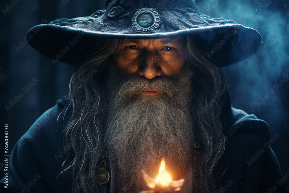 Wall mural digital generative ai collage image of old wise wizard doing spell