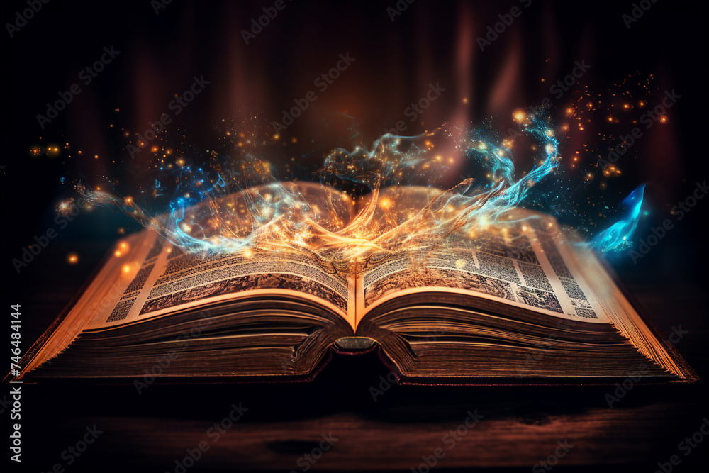 Poster generative ai collage of bewitched magic book open page with bright glitter bokeh