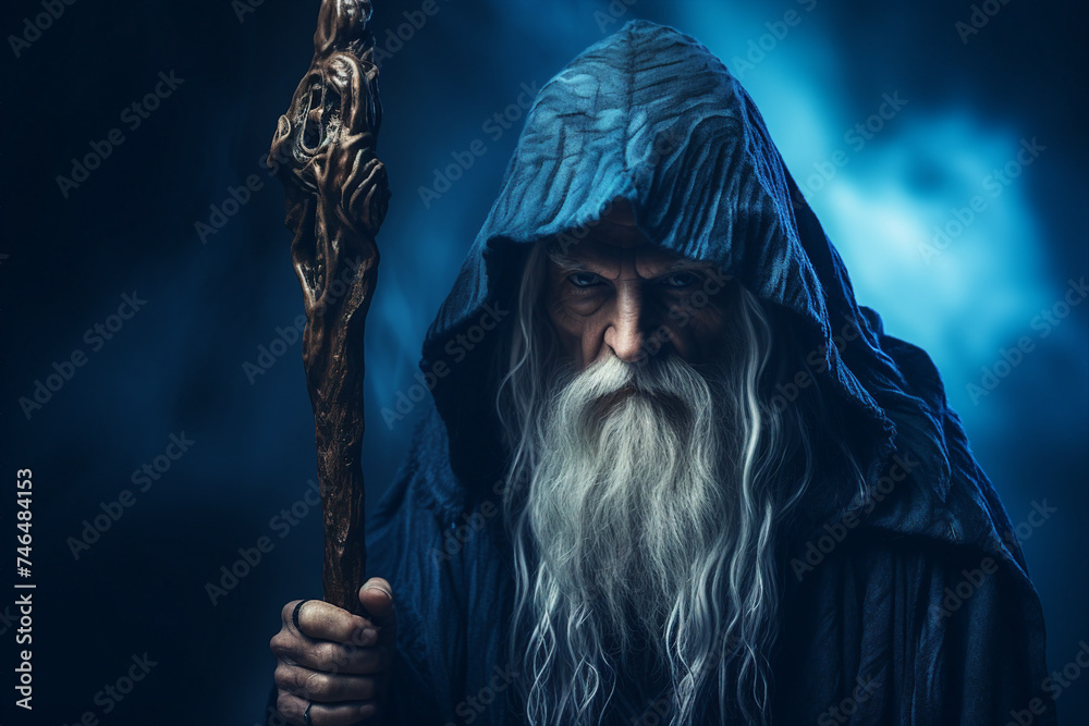 Wall mural digital generative ai collage image of old wise wizard using wand doing spell