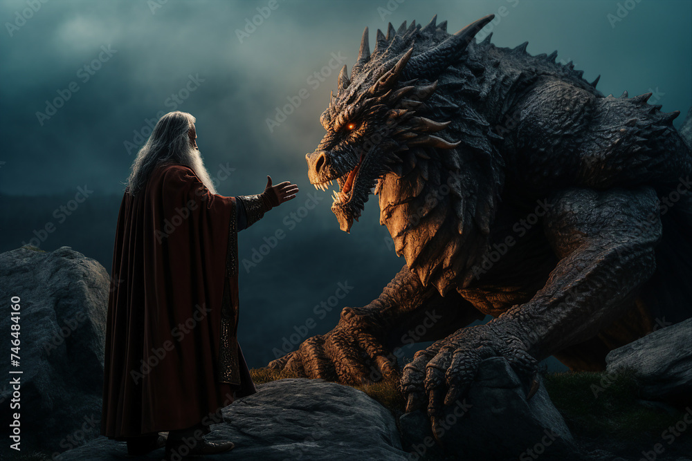 Wall mural digital generative ai collage picture of wizard fight own dangerous dragon with powerful magical pow