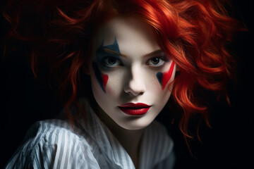 Scary circus worker with frightening facial make up Generative IA picture