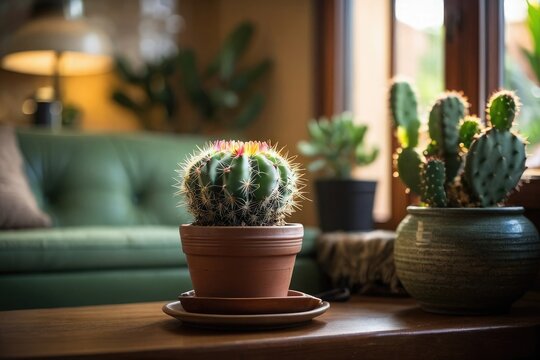 a cactus sitting on top of a wooden table next to a green couch, with cactus plants in the room, with sofa and lamp