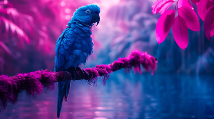 Colorful avian species in exotic parrot, radical environments, blending fantasy with reality - obrazy, fototapety, plakaty