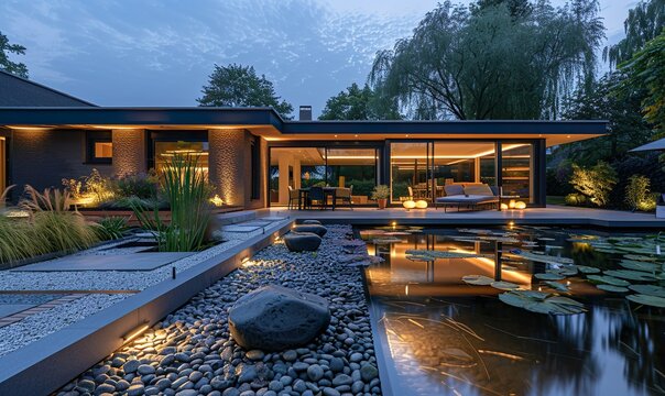 A modern house featuring large glass windows radiates inviting light into the garden