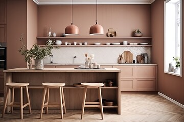 Terracotta Accents: Scandinavian Island Kitchen Interiors Design