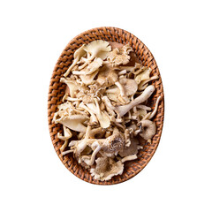 Fresh edible mushroom (Lentinus polychrous) in basket, Top view