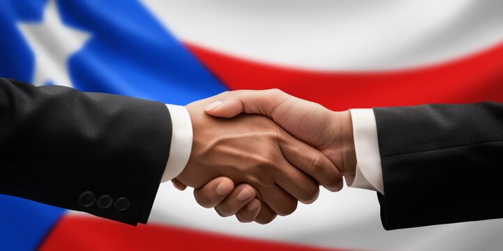 Businessman, diplomat in suits clasp hands for handshake over Puerto Rico flag, agree on united success in trade, diplomacy, cooperation, negotiation, teamwork in commerce, gesture of greeting