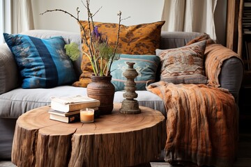 Time-Worn Vintage Bohemian Living Room Inspirations: Era Blend with Wood Stump Side Table and Bohemian Cushions