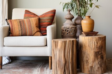 Bohemian Era Blend: Time-worn Vintage Living Room Inspirations with Wood Stump Side Table and Bohemian Cushions