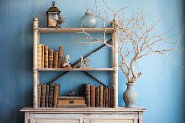Coastal Bookcase: Time-Worn Vintage Living Room Inspirations Featuring a Twig Tree Branch and Seaside Memories