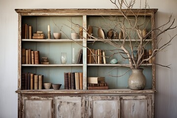 Coastal Seaside Memories: Time-Worn Vintage Living Room Inspirations with Twig Tree Branch and Bookcase