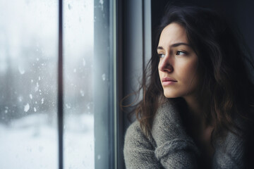 Fototapeta premium Picture of young woman looking through a rainy window with tears streaking down concept of loneliness and depression generative AI